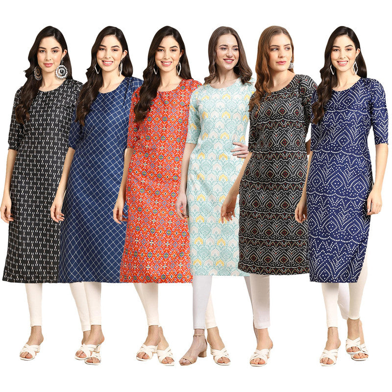 STYLISH CREPE MULTICOLOR PRINTED STRAIGHT SET OF 6 COMBO KURTA 362-364-365-343-373-366