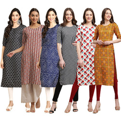 STYLISH CREPE MULTICOLOR PRINTED STRAIGHT SET OF 6 COMBO KURTA 362-389-366-336-342-333