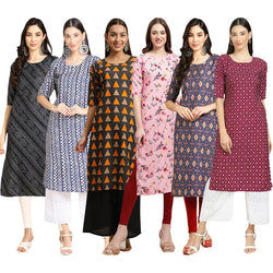 STYLISH CREPE MULTICOLOR PRINTED STRAIGHT SET OF 6 COMBO KURTA 363-348-387-339-358-355