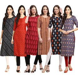 STYLISH CREPE MULTICOLOR PRINTED STRAIGHT SET OF 6 COMBO KURTA 363-370-337-344-330-358