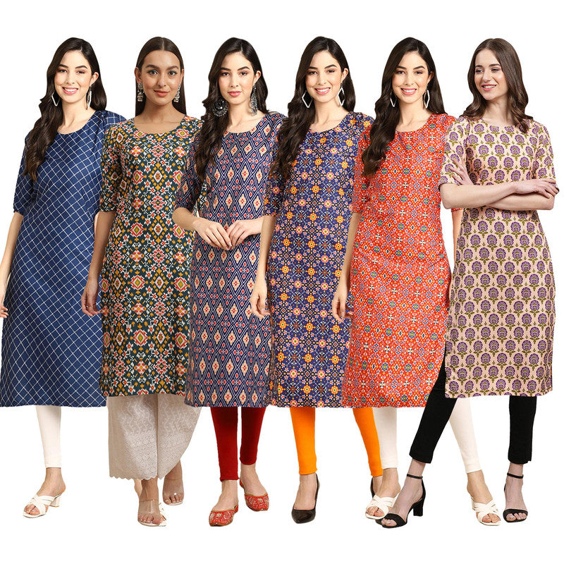 STYLISH CREPE MULTICOLOR PRINTED STRAIGHT SET OF 6 COMBO KURTA 364-383-358-369-365-332