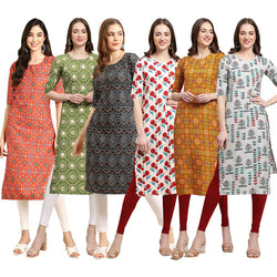 STYLISH CREPE MULTICOLOR PRINTED STRAIGHT SET OF 6 COMBO KURTA 365-338-373-342-333-340