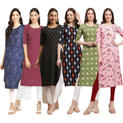 STYLISH CREPE MULTICOLOR PRINTED STRAIGHT SET OF 6 COMBO KURTA 366-355-385-330-338-339