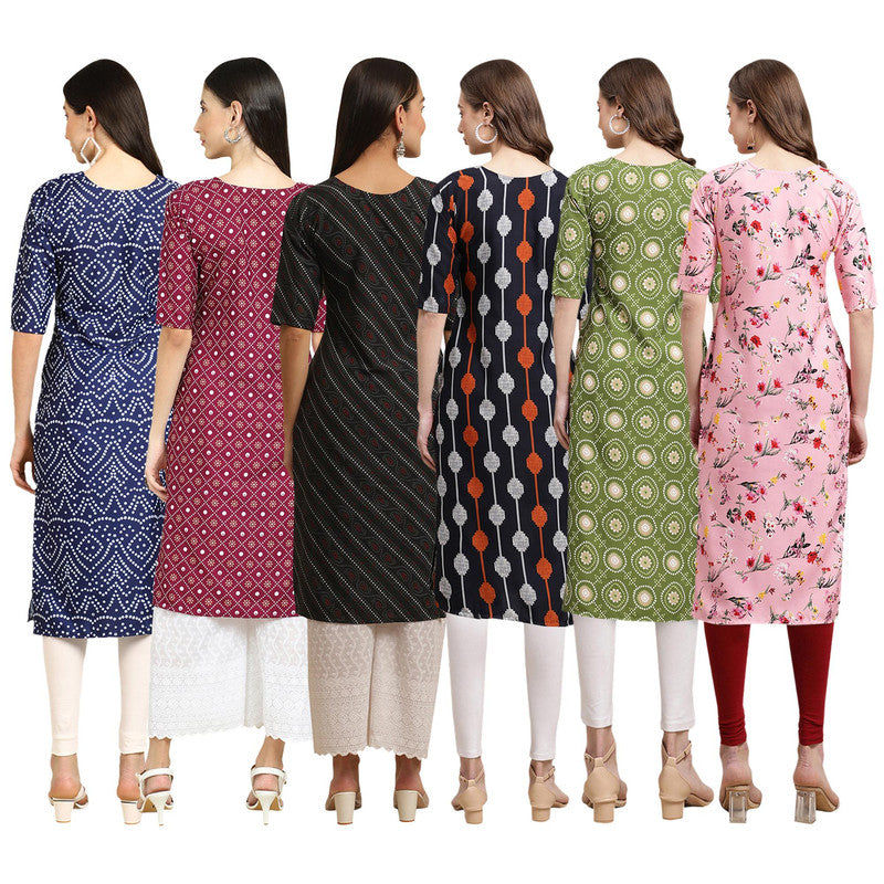 STYLISH CREPE MULTICOLOR PRINTED STRAIGHT SET OF 6 COMBO KURTA 366-355-385-330-338-339