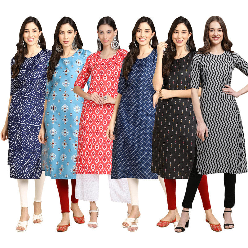 STYLISH CREPE MULTICOLOR PRINTED STRAIGHT SET OF 6 COMBO KURTA 366-361-346-364-359-336