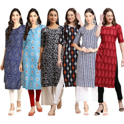 STYLISH CREPE MULTICOLOR PRINTED STRAIGHT SET OF 6 COMBO KURTA 366-361-388-330-348-337