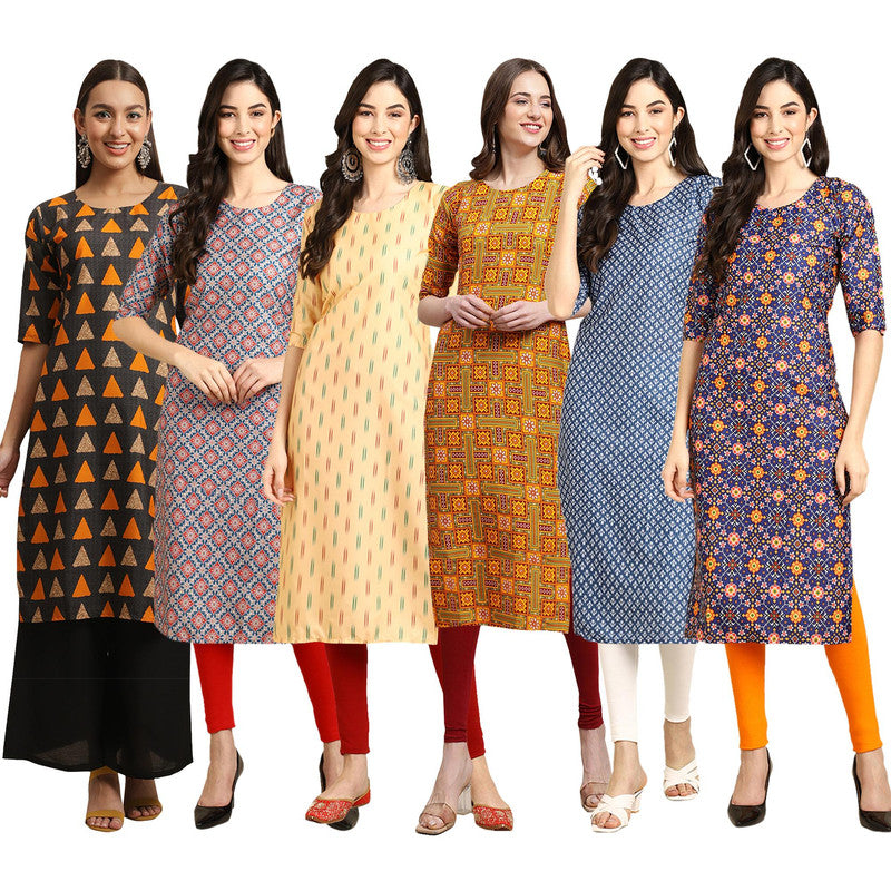 STYLISH CREPE MULTICOLOR PRINTED STRAIGHT SET OF 6 COMBO KURTA 387-372-360-333-367-369