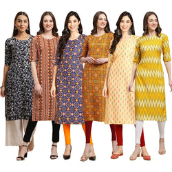 STYLISH CREPE MULTICOLOR PRINTED STRAIGHT SET OF 6 COMBO KURTA 388-344-369-333-360-329