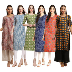 STYLISH CREPE MULTICOLOR PRINTED STRAIGHT SET OF 6 COMBO KURTA 389-331-338-366-365-387