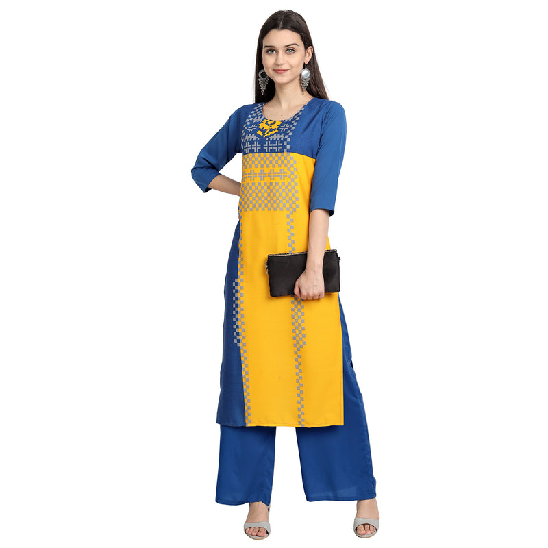 Crepe Yellow & Blue Color Digital Print Straight Kurta