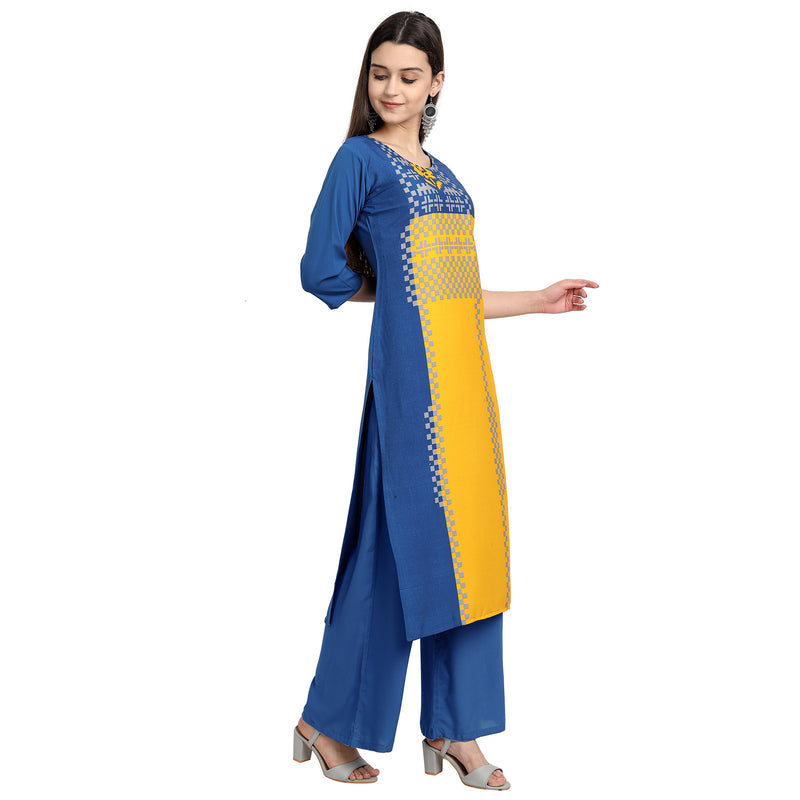 Crepe Yellow & Blue Color Digital Print Straight Kurta