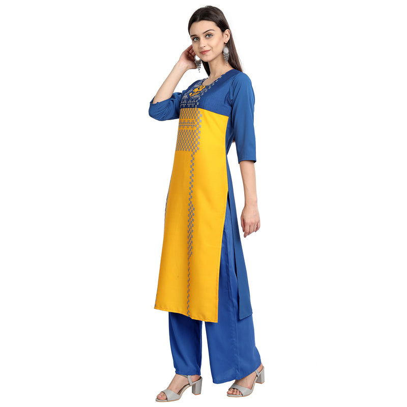 Crepe Yellow & Blue Color Digital Print Straight Kurta