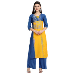 Crepe Yellow & Blue Color Digital Print Straight Kurta