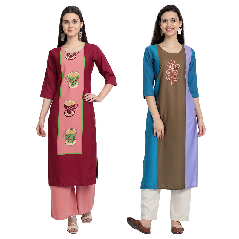 EthnicBasket Crape Multicolor Digital Print Straight Pack of 2 Kurta 530062-530235