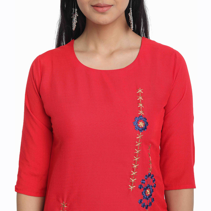 Blended Cotton Embroidered Red Colour Kurta  Only