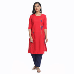Blended Cotton Embroidered Red Colour Kurta  Only