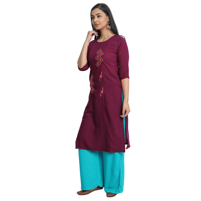 Blended Cotton Embroidered Purple Colour Kurta  Only