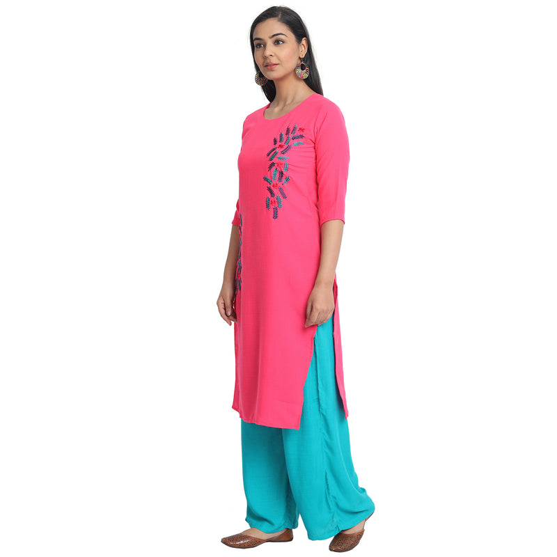 Blended Cotton Embroider Pink Colour Kurta  Only