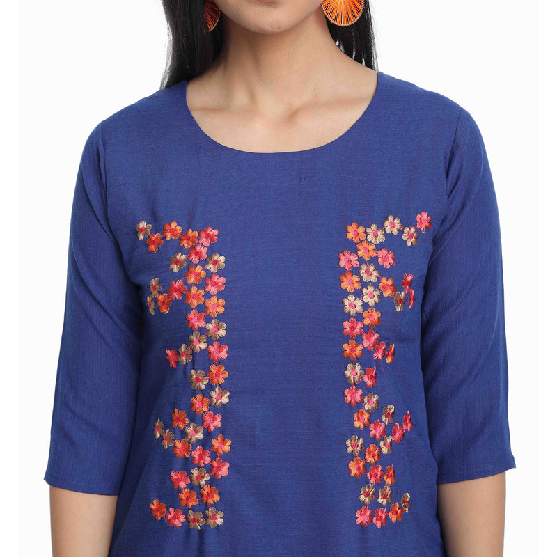 Blended Cotton Embroidered Blue Colour Kurta  Only
