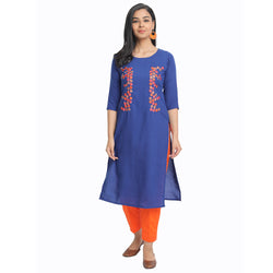 Blended Cotton Embroidered Blue Colour Kurta  Only