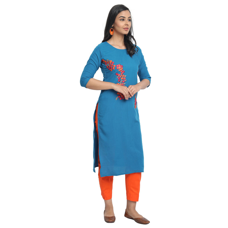 Blended Cotton Embroidered Sky Blue Colour Kurta  Only