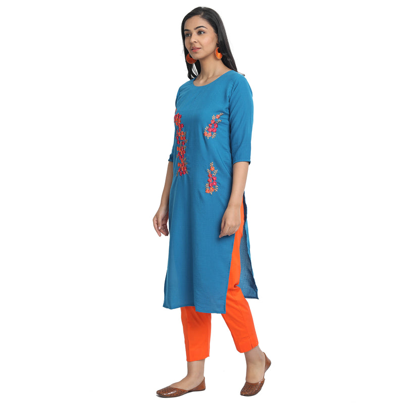Blended Cotton Embroidered Sky Blue Colour Kurta  Only