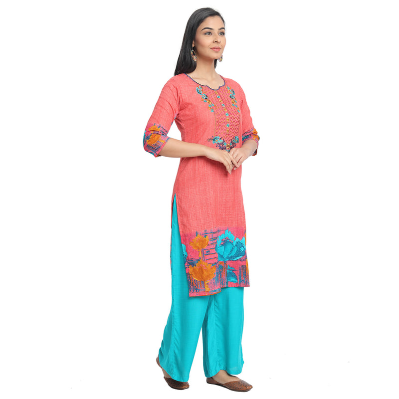 Blended Cotton Embroidered Peach Colour Kurta  Only