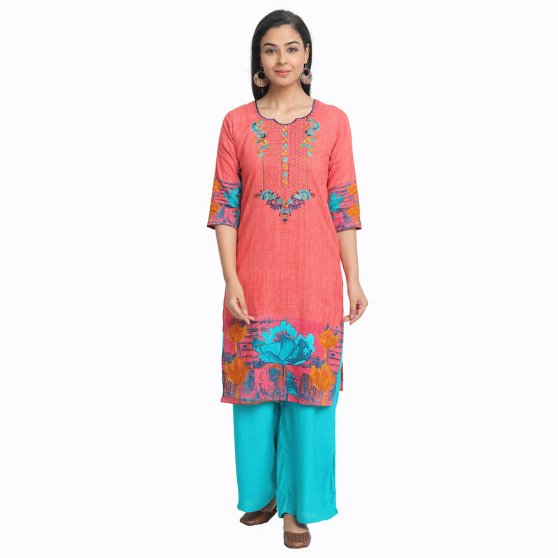 Blended Cotton Embroidered Peach Colour Kurta  Only
