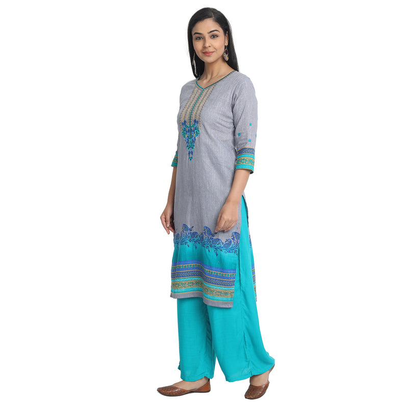 Blended Cotton Embroidered Grey Colour Kurta  Only