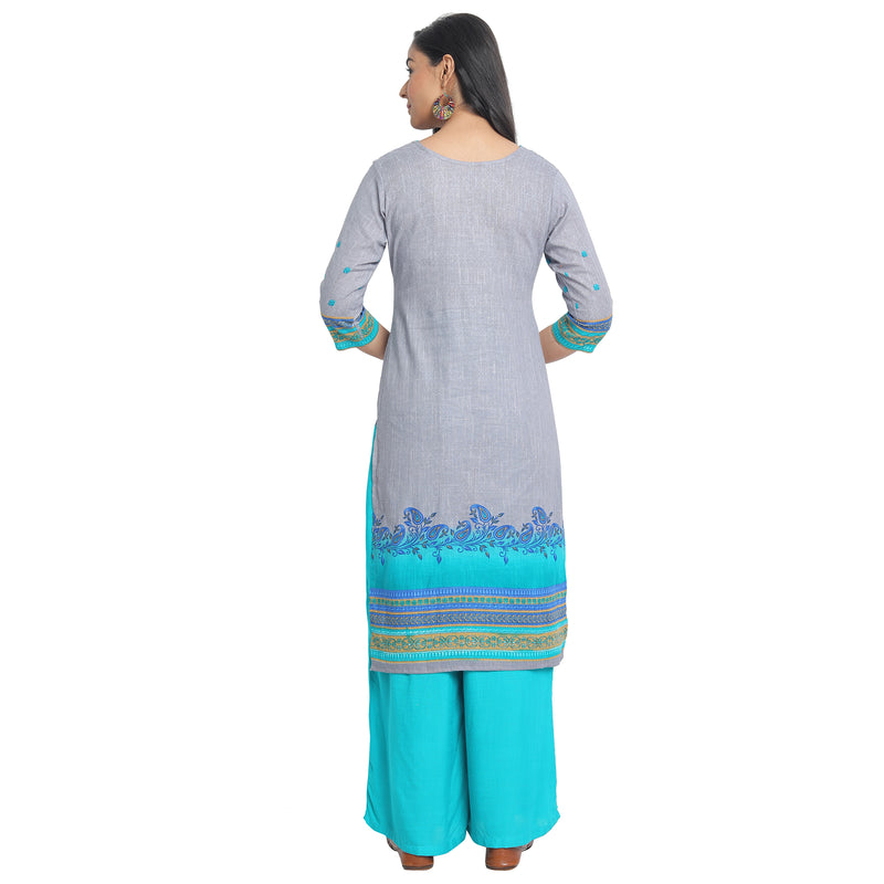 Blended Cotton Embroidered Grey Colour Kurta  Only