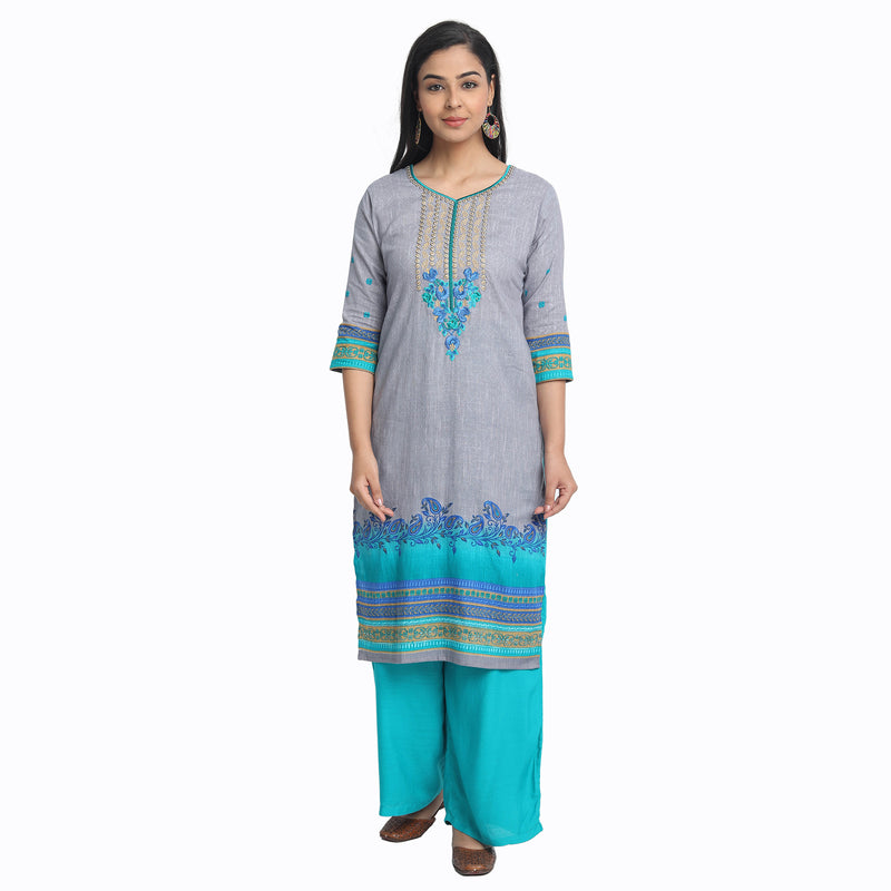 Ethnic Basket Cotton Grey Color Embroidered Kurti 530180