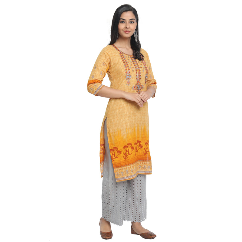 Blended Cotton Embroidered Yellow Colour Kurta  Only