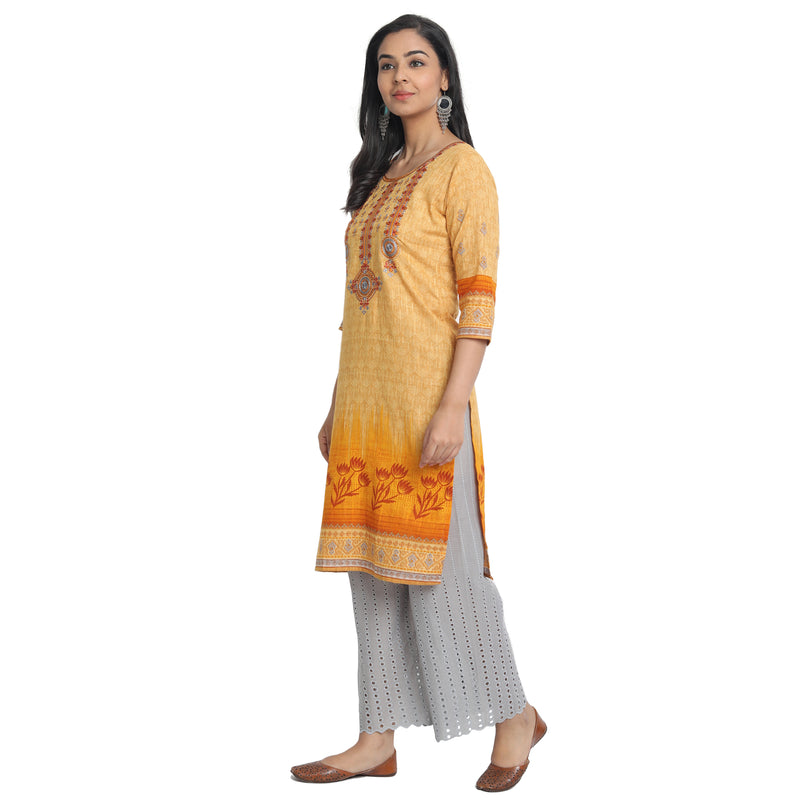 Blended Cotton Embroidered Yellow Colour Kurta  Only