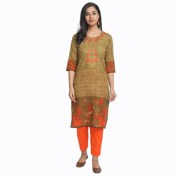Blended Cotton Embroidered Mehndi Green Colour Kurta  Only