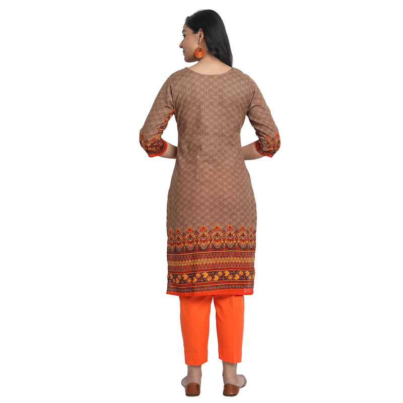 Blended Cotton Embroidered Brown Colour Kurta  Only