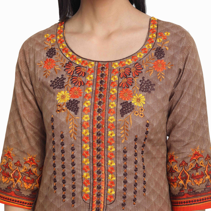 Blended Cotton Embroidered Brown Colour Kurta  Only