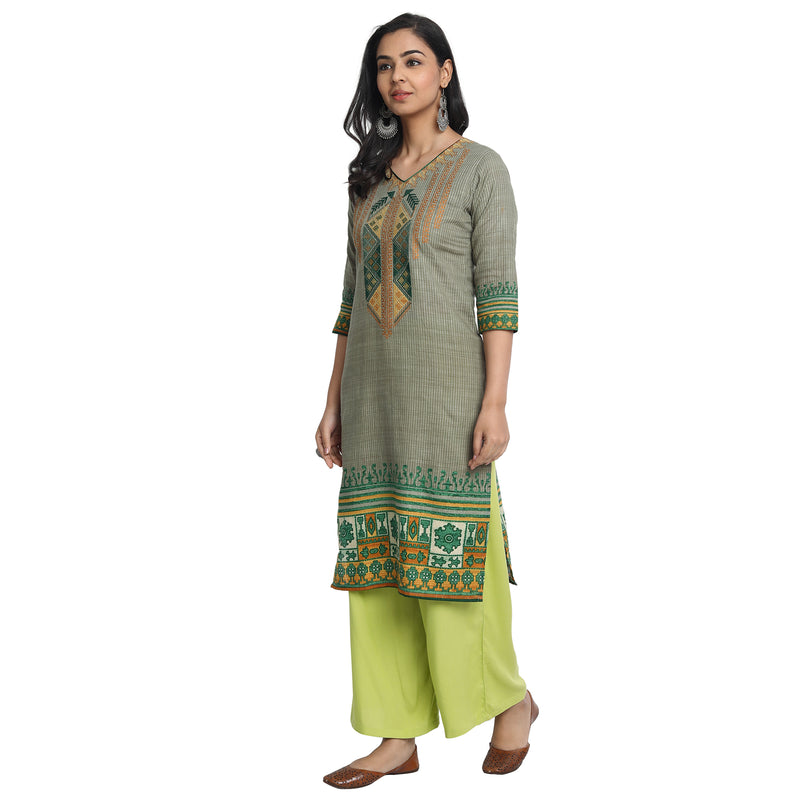 Blended Cotton Embroidered Green Colour Kurta  Only