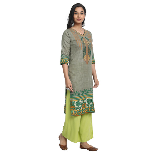 Ethnic Basket Cotton Green Color Embroidered Kurti 530184