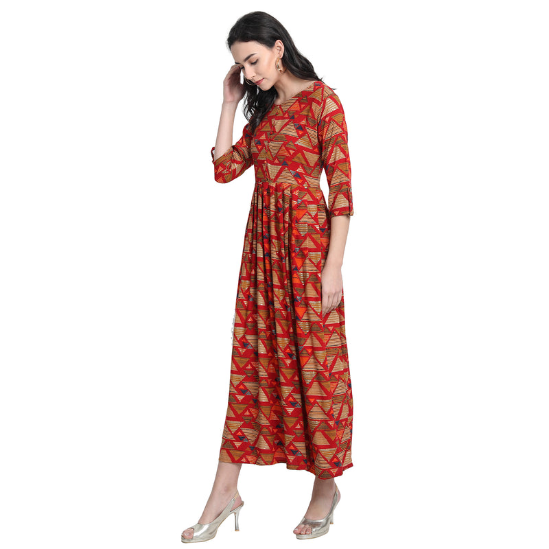 Rayon Material  Printed Red Colour Flared Kurti
