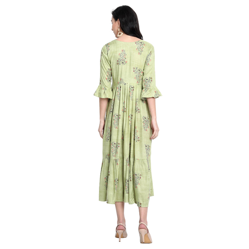 Rayon Material  Printed Green Colour Flared Kurti