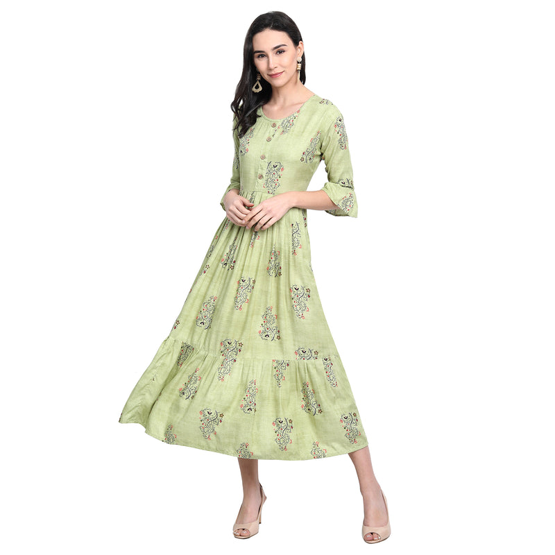 Rayon Material  Printed Green Colour Flared Kurti