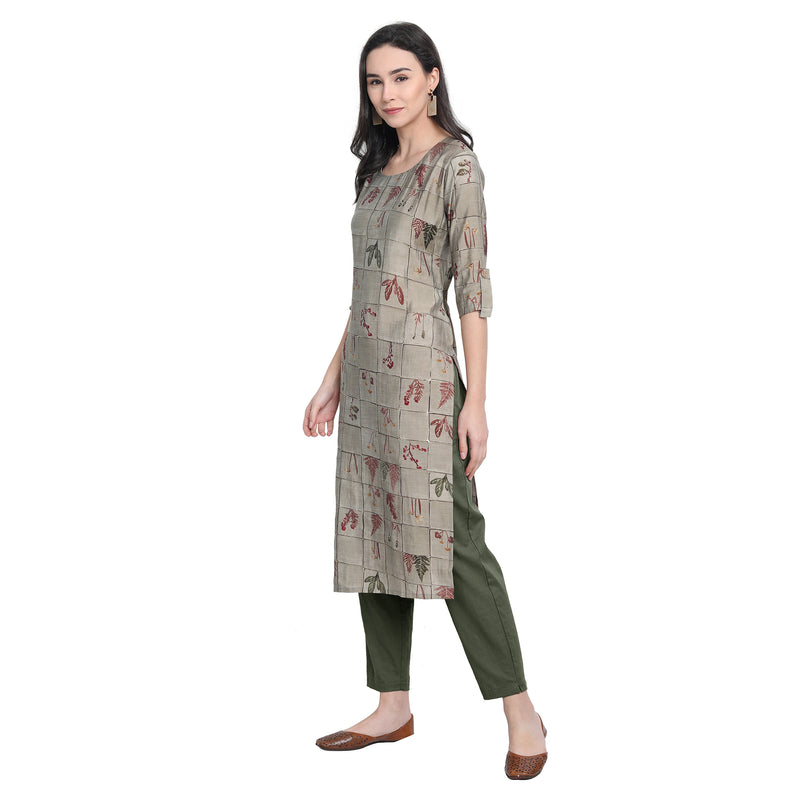 Chanderi Silk Material Grey Colour Printed Straight Kurta Only