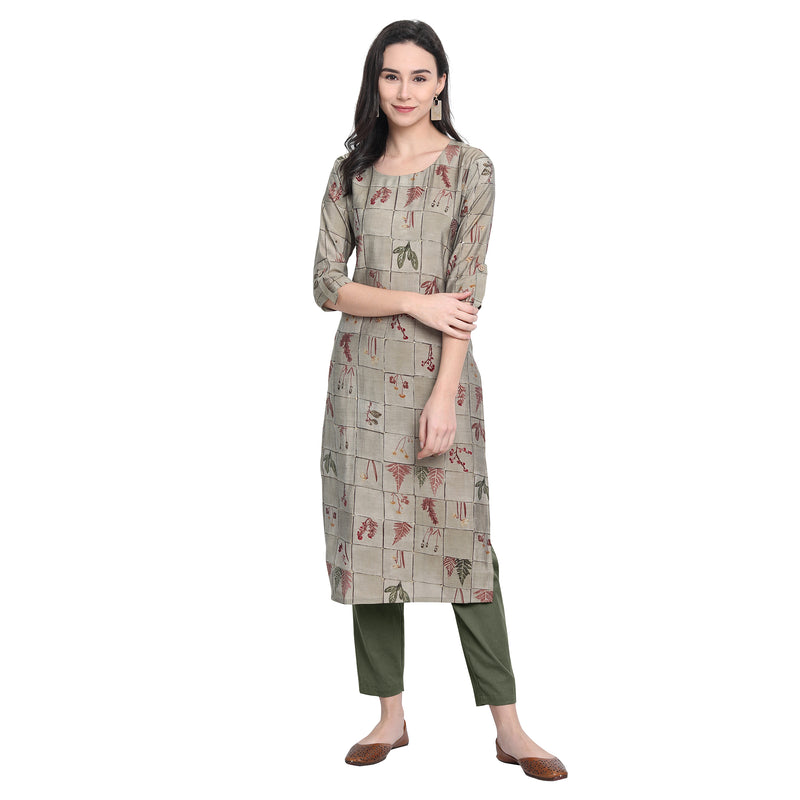 Chanderi Silk Material Grey Colour Printed Straight Kurta Only