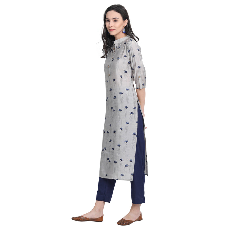 Chanderi Silk Material Grey Colour Printed Straight Stylish Kurta Only