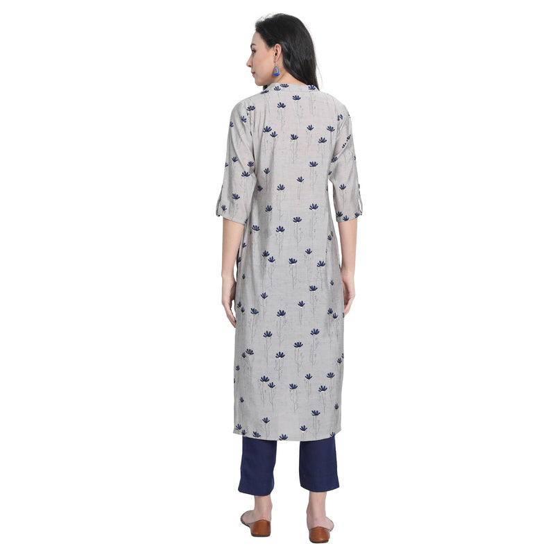 Chanderi Silk Material Grey Colour Printed Straight Stylish Kurta Only