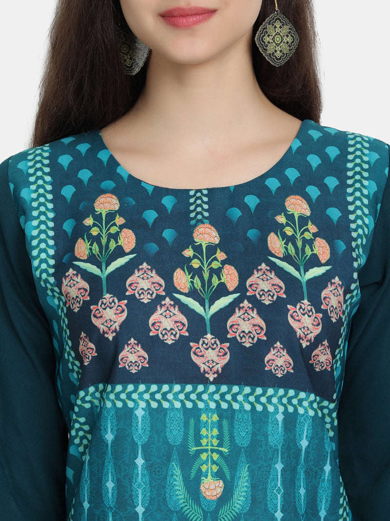 Crepe Turquoise Colour Digital Printed Straight Kurti Only 530243