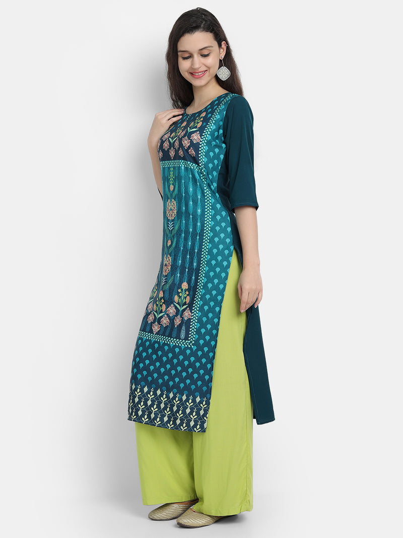 Crepe Turquoise Colour Digital Printed Straight Kurti Only 530243