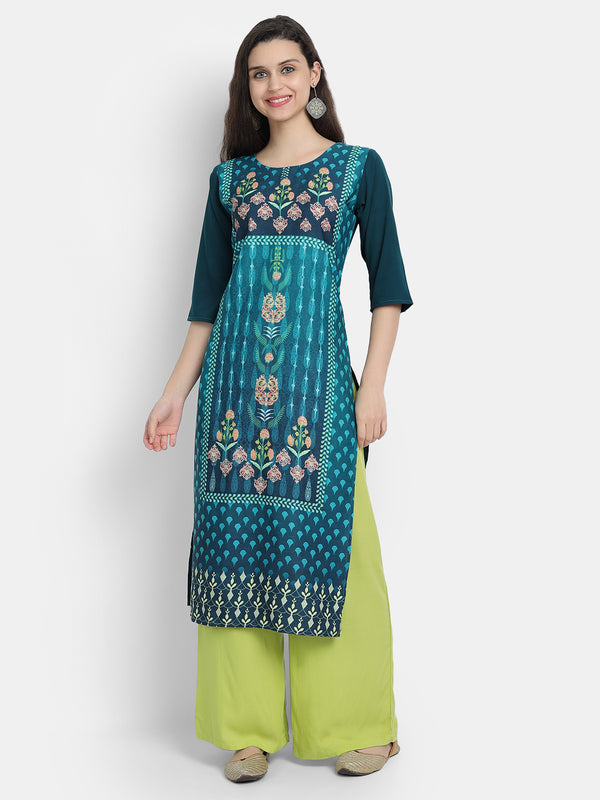 Crepe Turquoise Colour Digital Printed Straight Kurti Only 530243