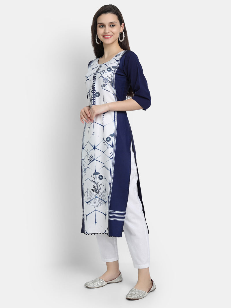 Crepe White&Blue Colour Digital Printed Straight Kurti Only 530247