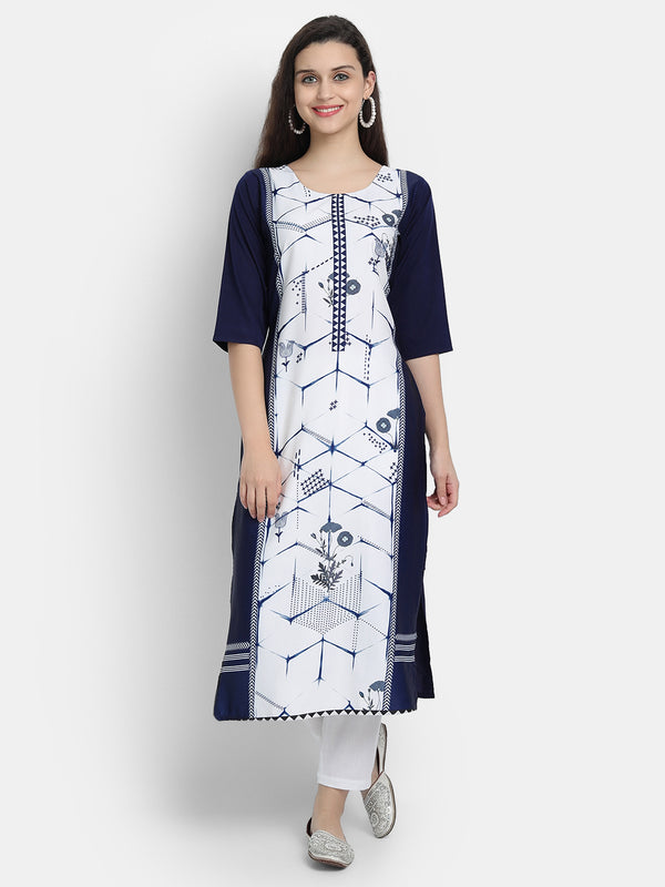 Crepe White&Blue Colour Digital Printed Straight Kurti Only 530247